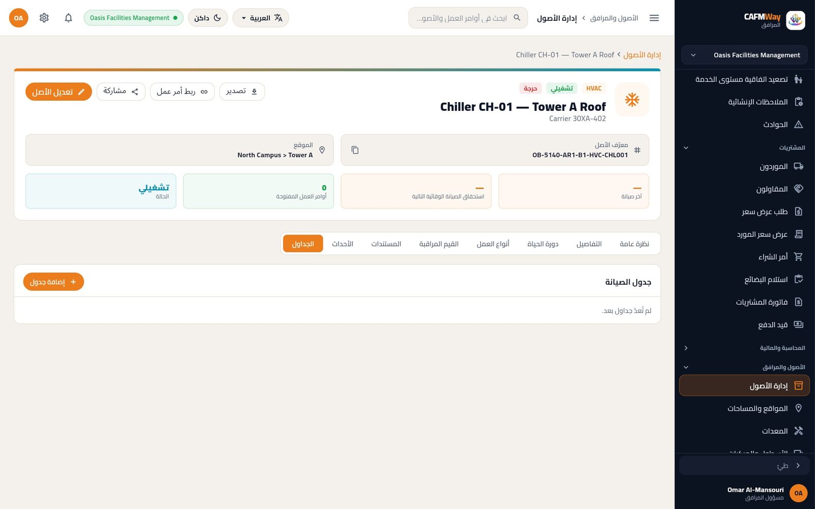 جداول الصيانة الوقائية للأصل