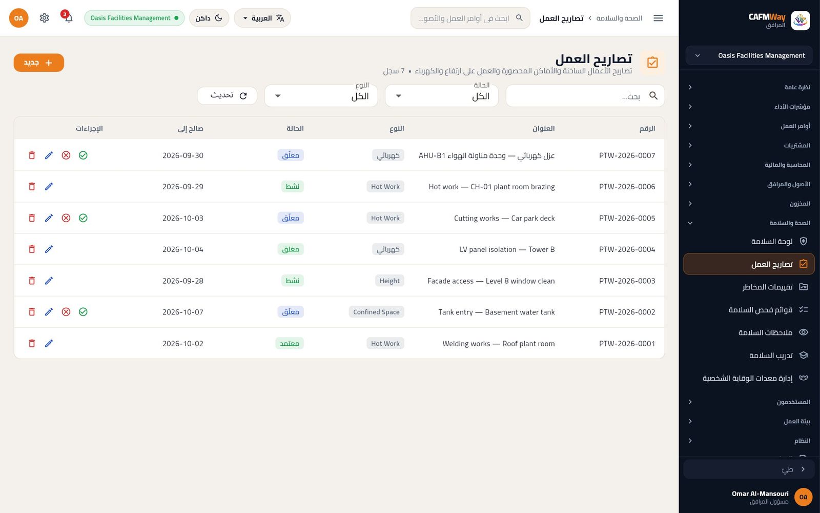 قائمة التصاريح والتصريح PTW-2026-0007 بانتظار الاعتماد.