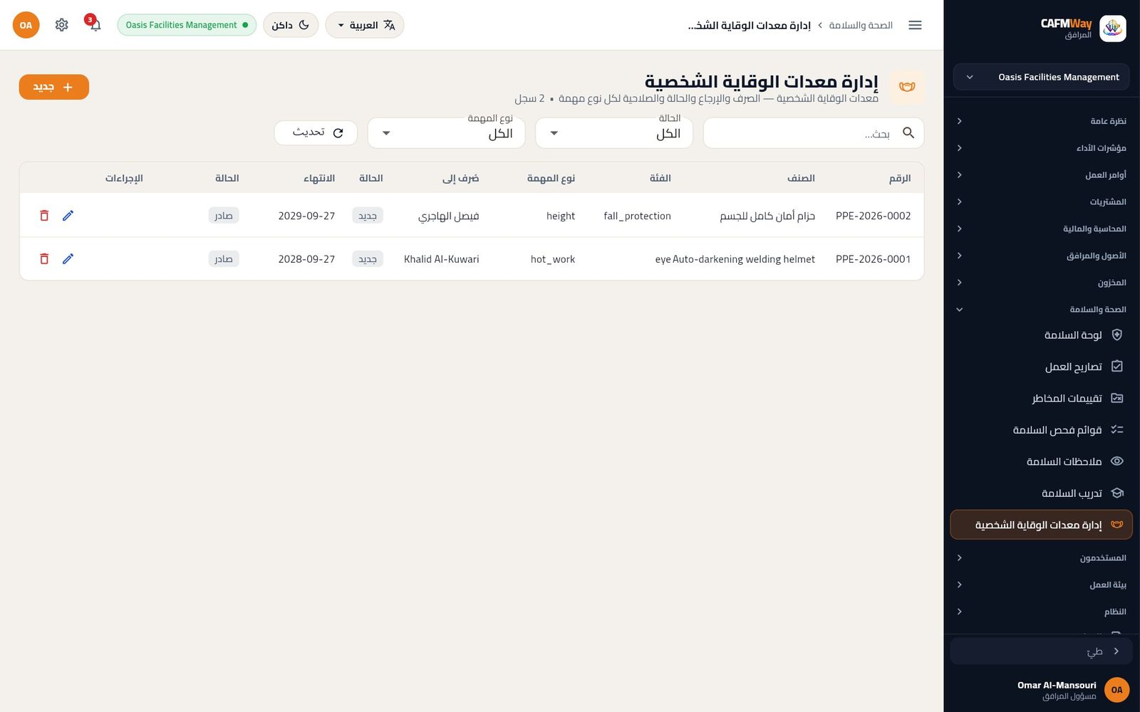 سجل معدات الوقاية: خوذة اللحام وحزام الأمان.