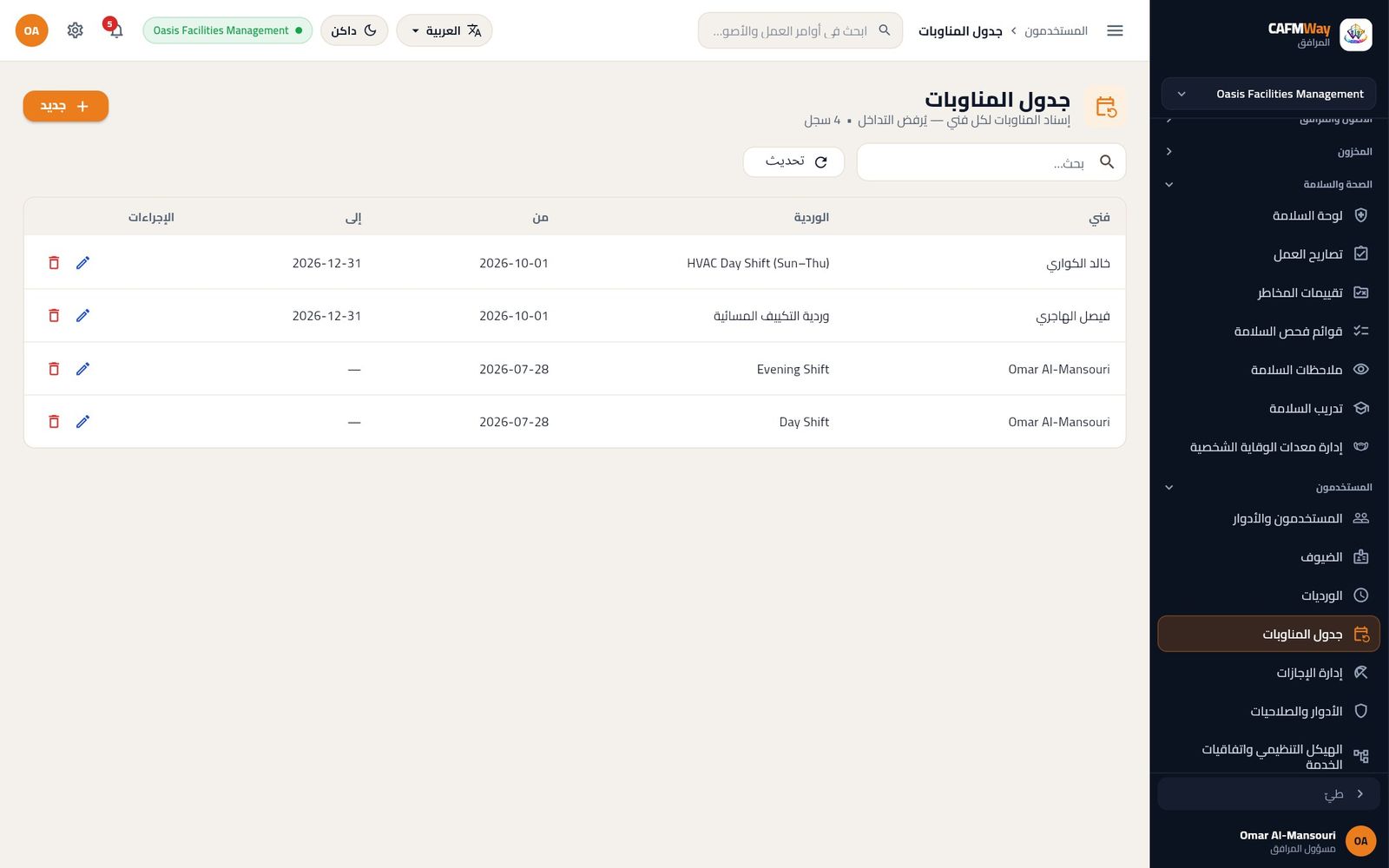 جدول المناوبات بعد إسناد ورديتي التكييف للربع الرابع.