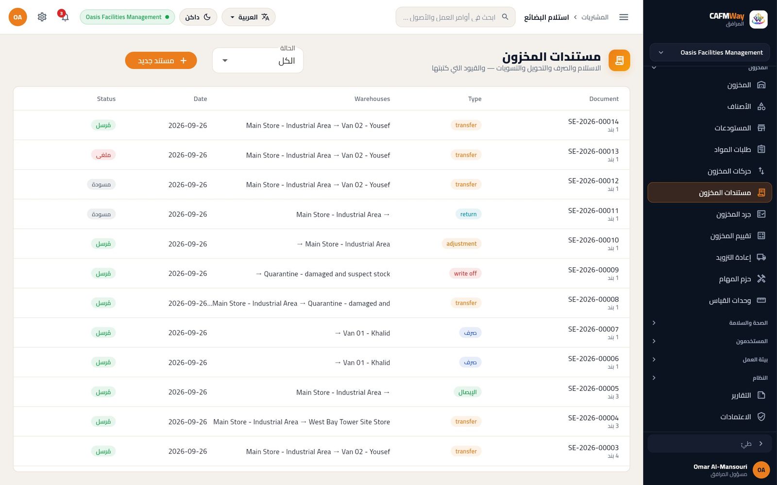 مستندات المخزون: افتتاحي، استلام، تحويلات، صرف، شطب، تسوية، مسودة، وعكس