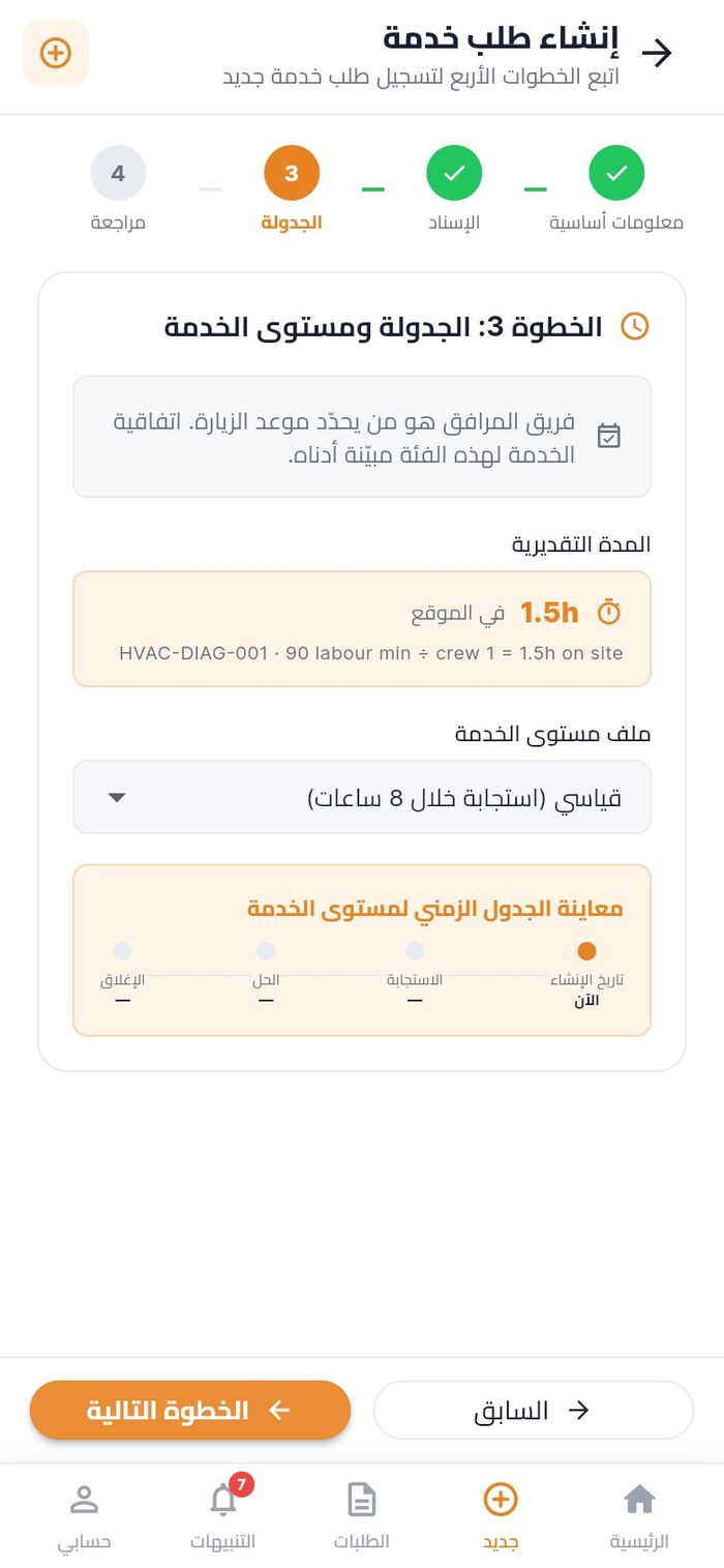 الخطوة 3 مع المدة التقديرية ومعاينة مستوى الخدمة