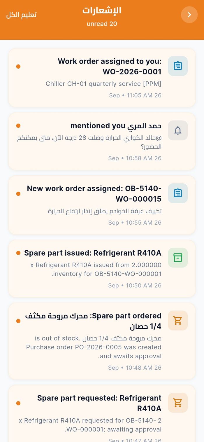 إشعارات غير مقروءة عن إسناد جديد وإشارة وطلبات قطع