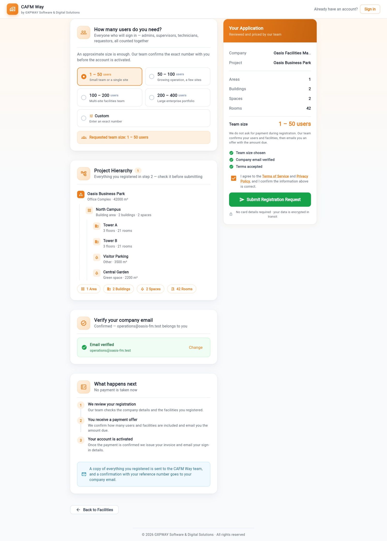 Step 3: team size, hierarchy review and email verification
