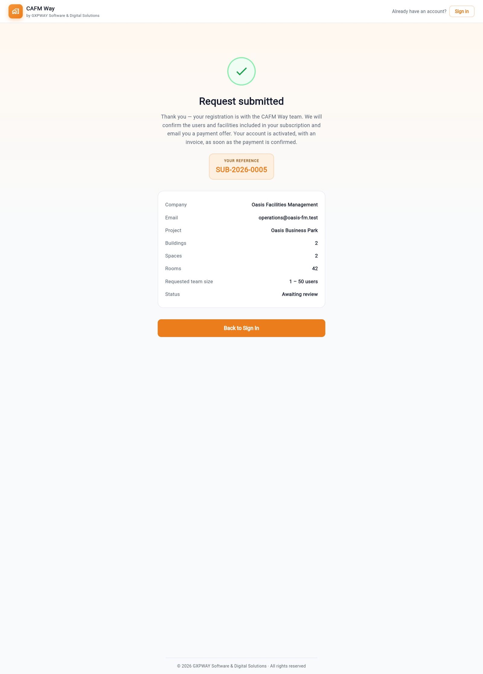 The confirmation with the request reference