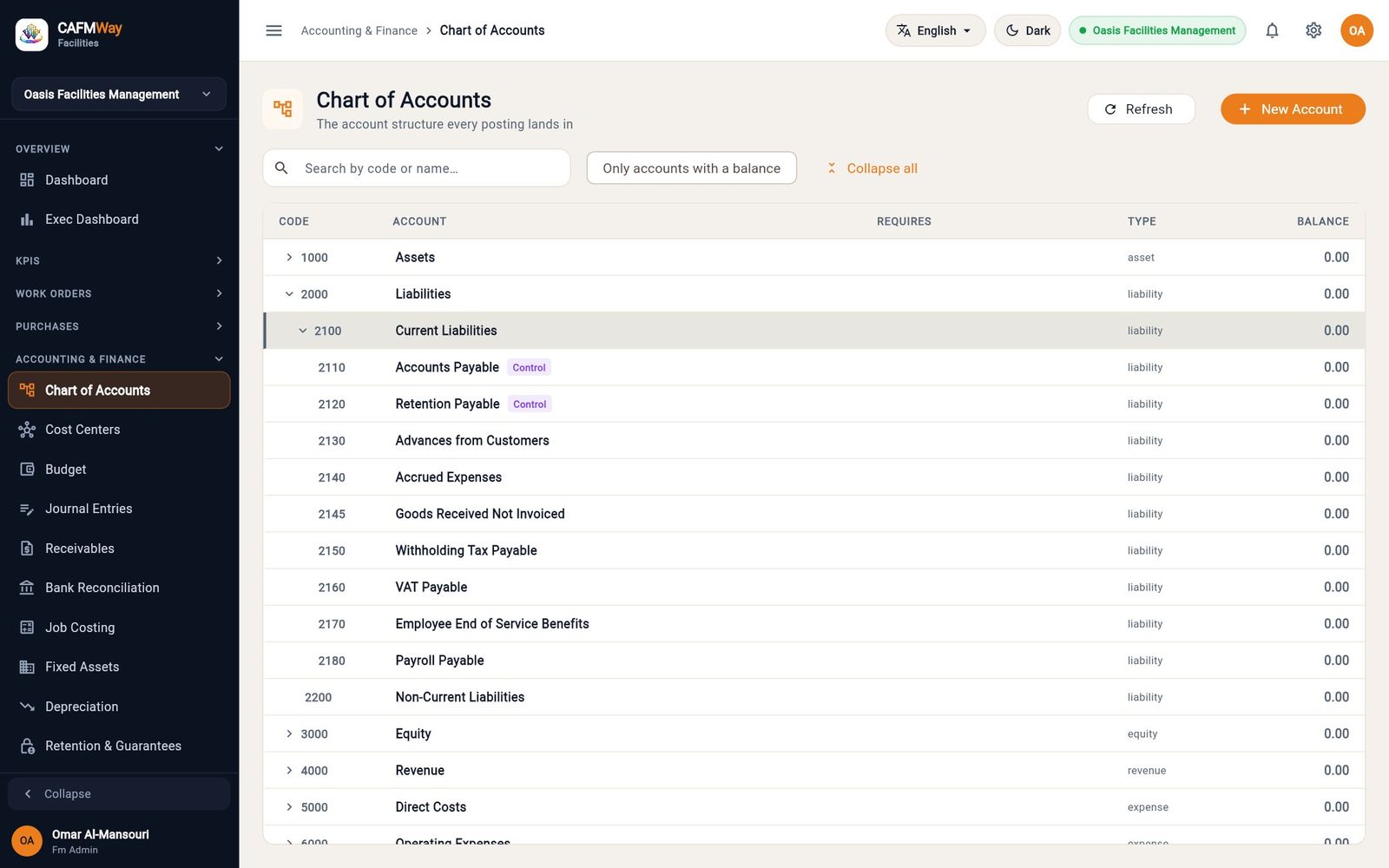 The chart of accounts with the Current Liabilities group expanded