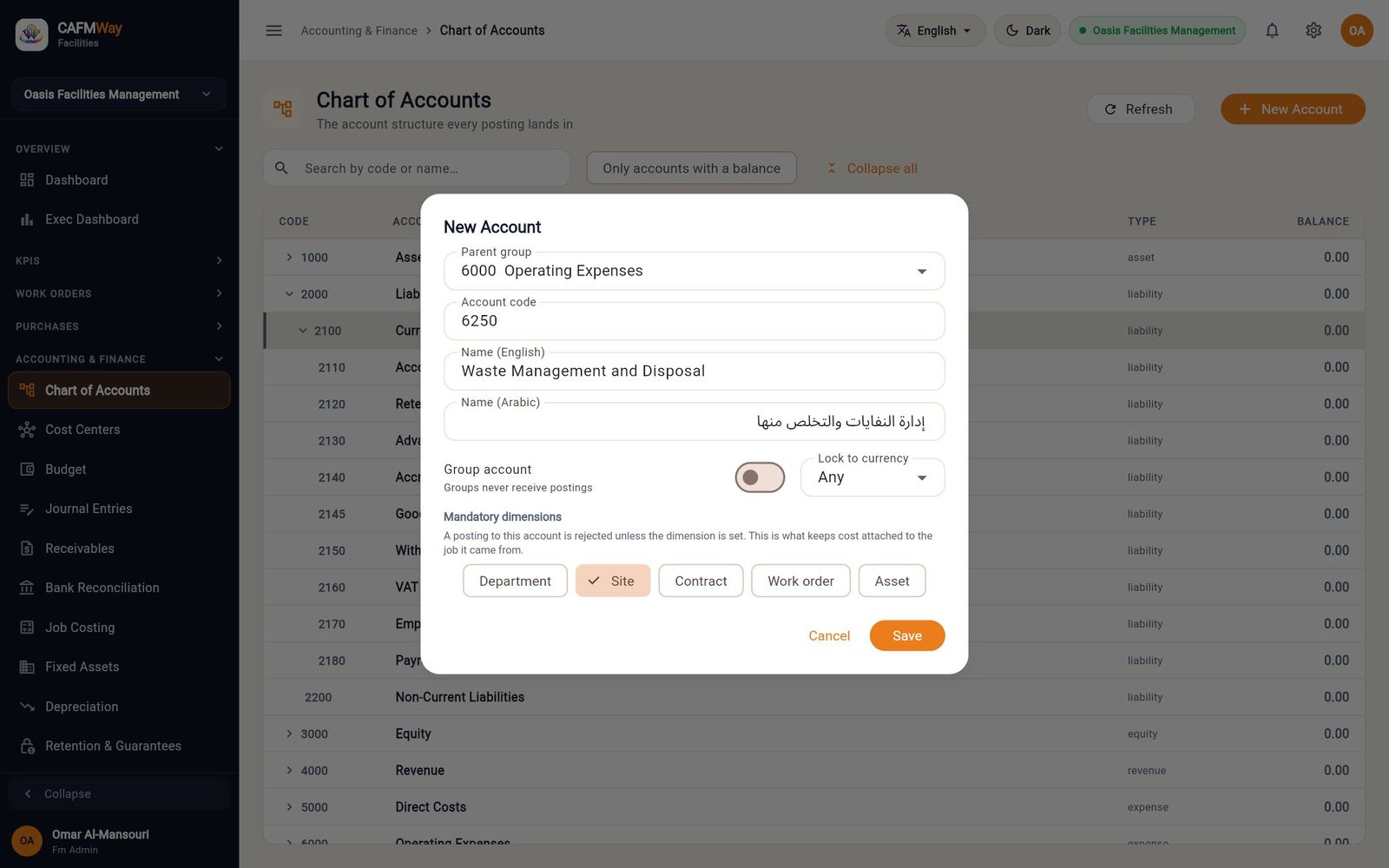 The New Account dialog for 6250 Waste Management and Disposal with the Site dimension required