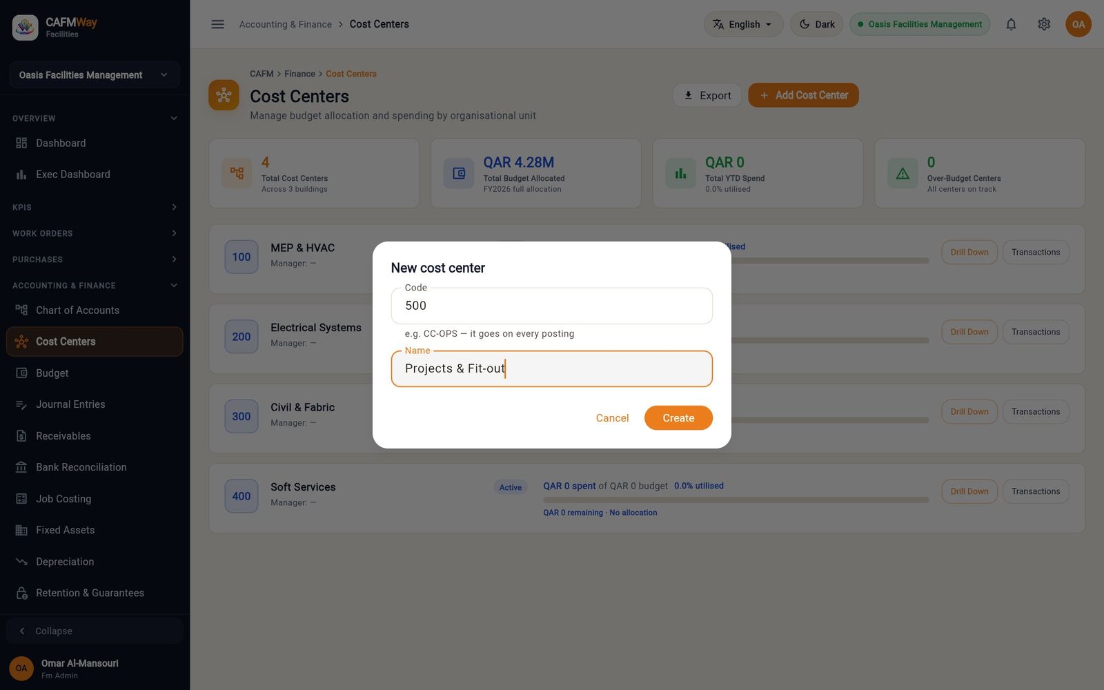 The New cost center dialog for centre 500 Projects & Fit-out