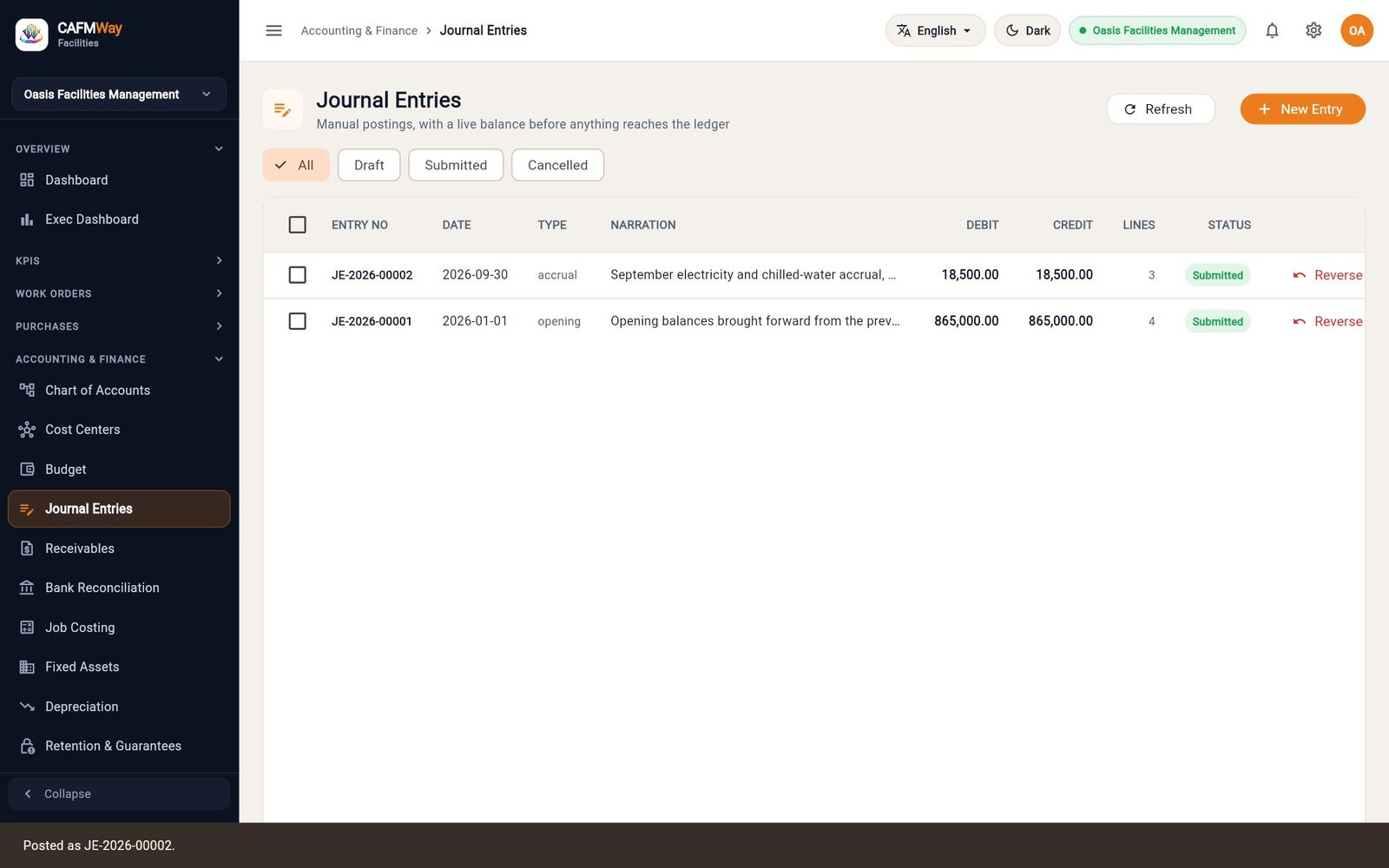 The confirmation "Posted as JE-2026-00002." after posting
