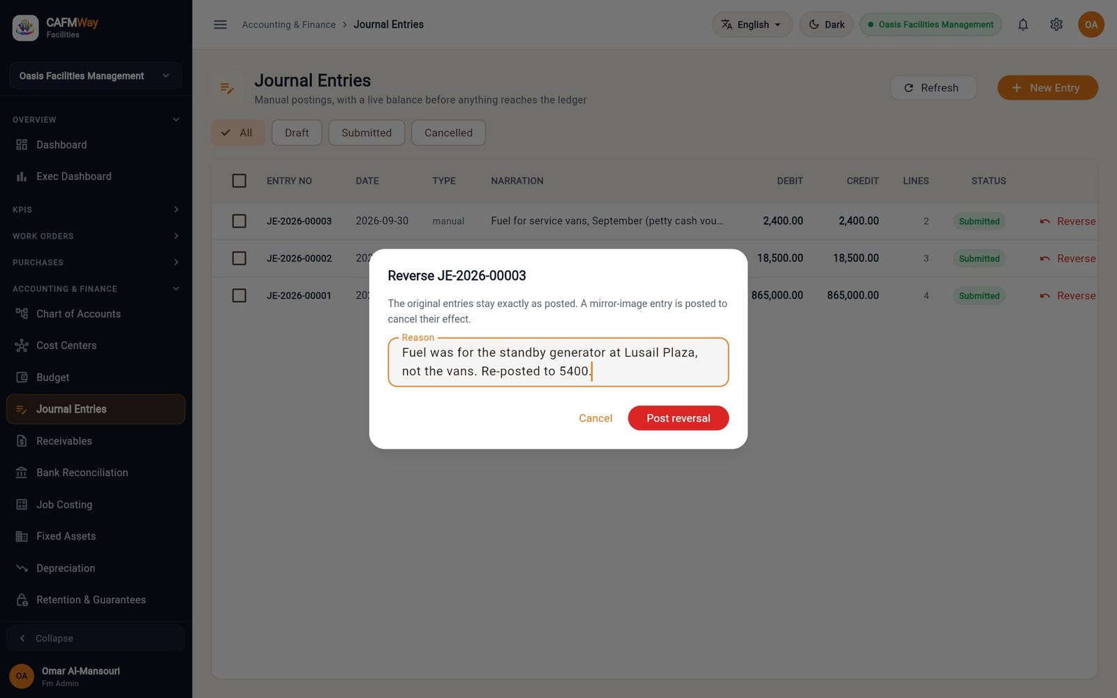Reversing JE-2026-00003 with a reason