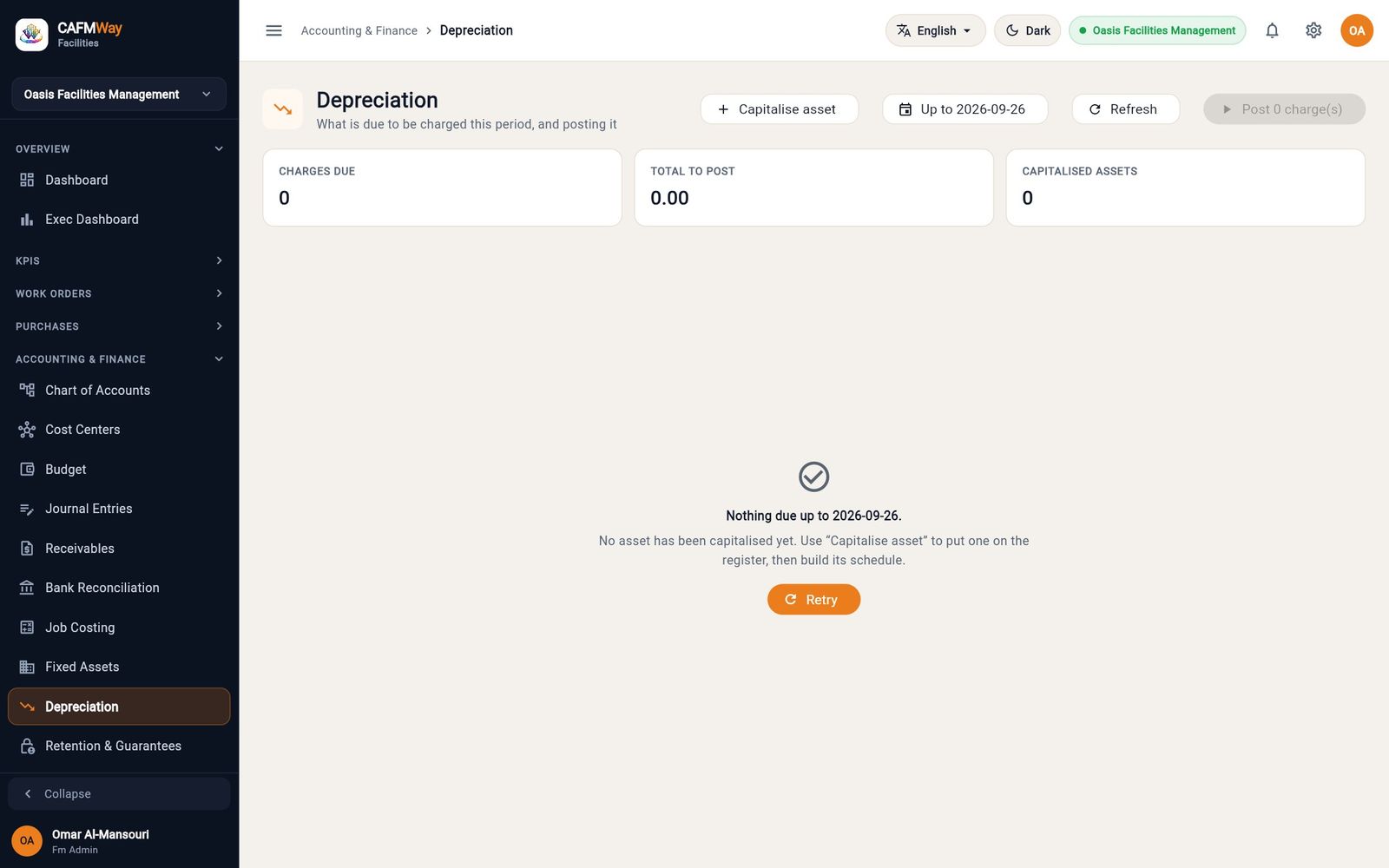The Depreciation page with no charges due