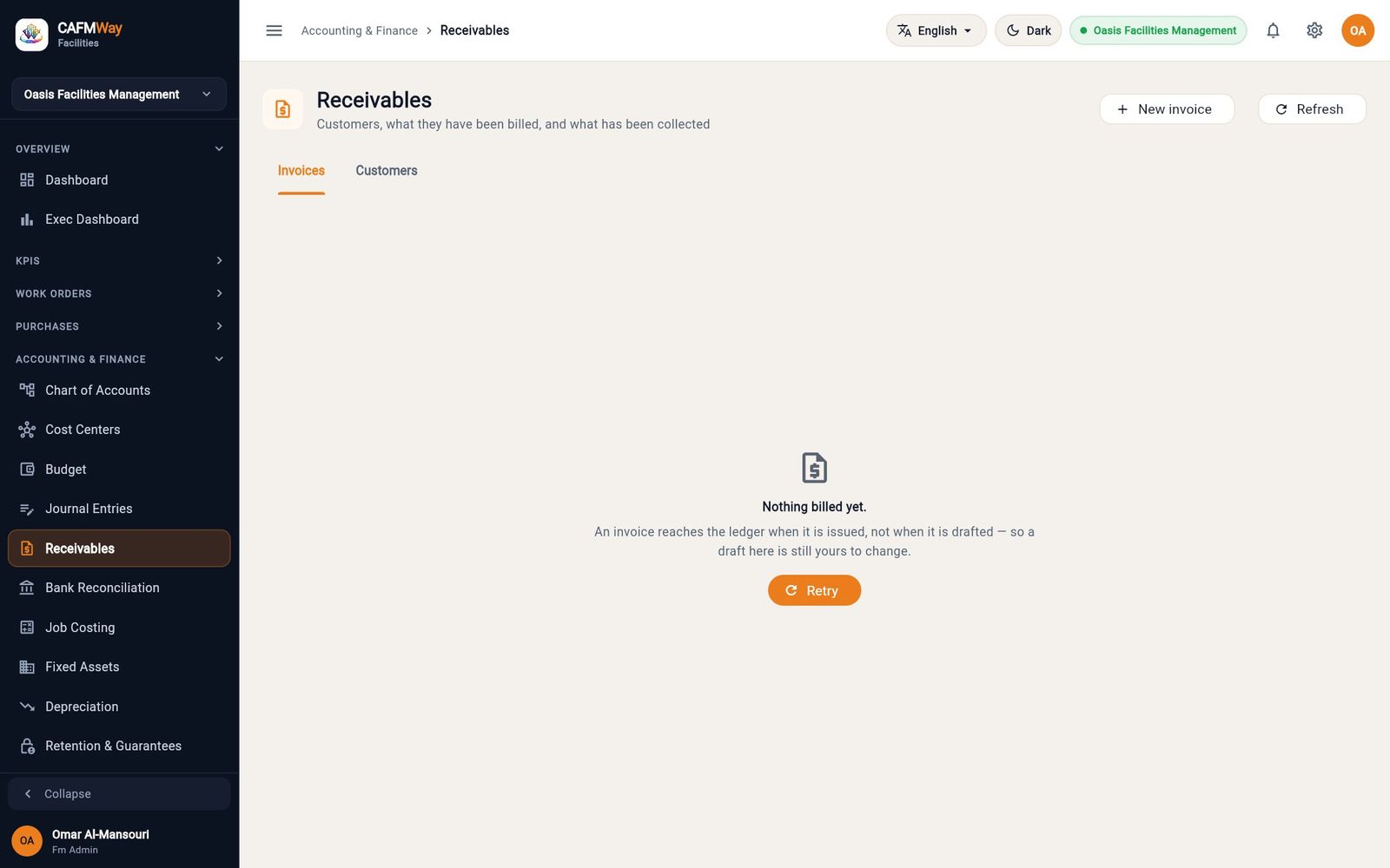 The Receivables page before any customer has been billed