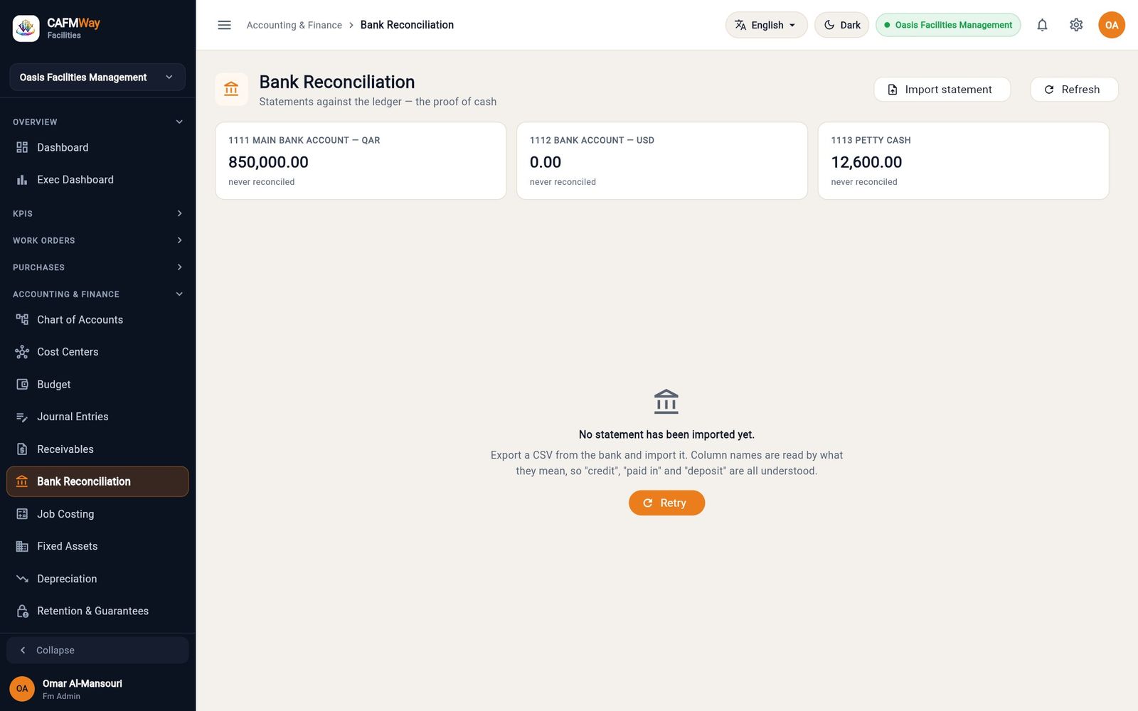 Ledger balances for the QAR bank, USD bank and petty cash accounts