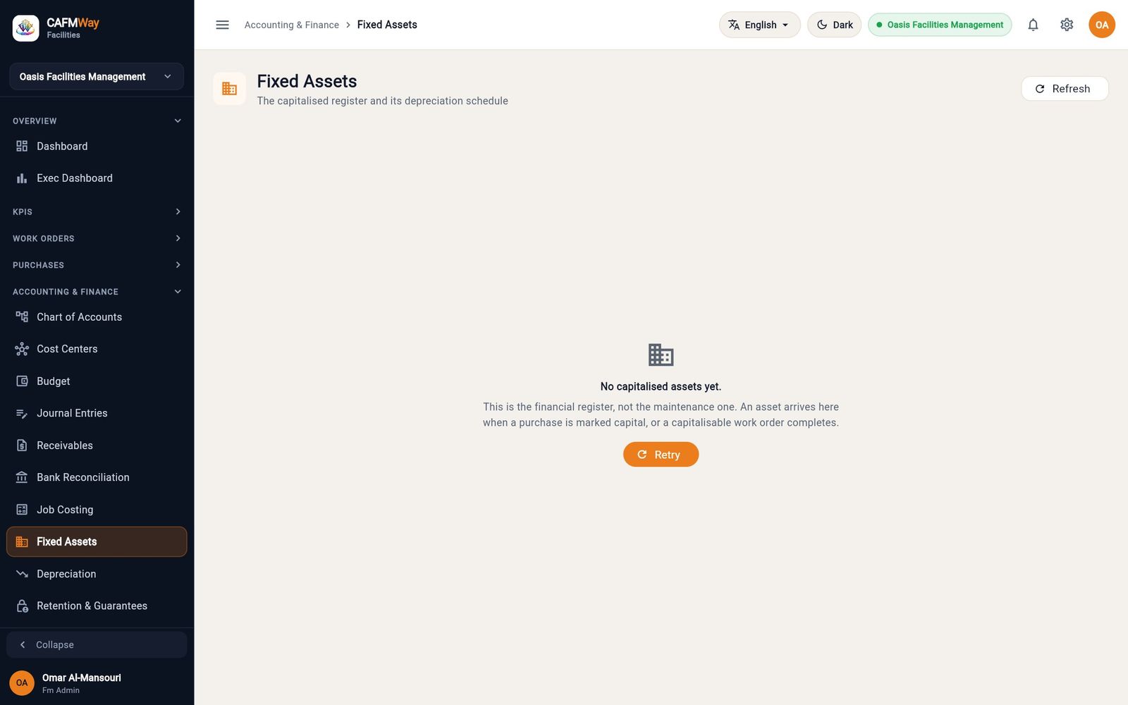The Fixed Assets register, still empty