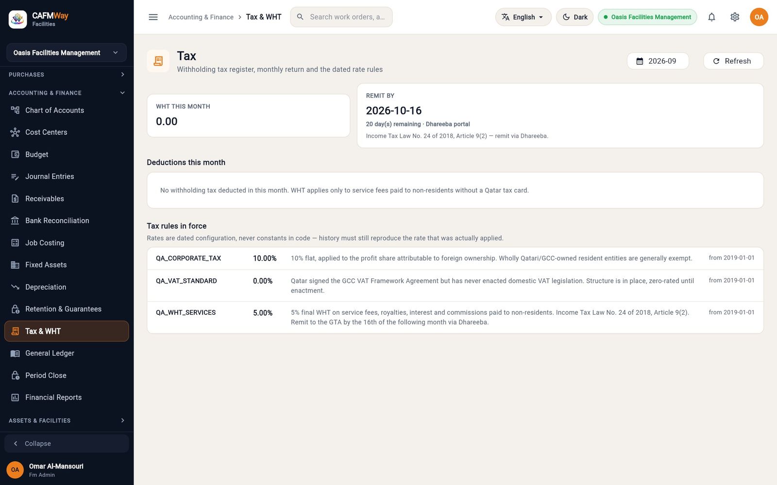 The Tax page for September 2026, remit by 16 October