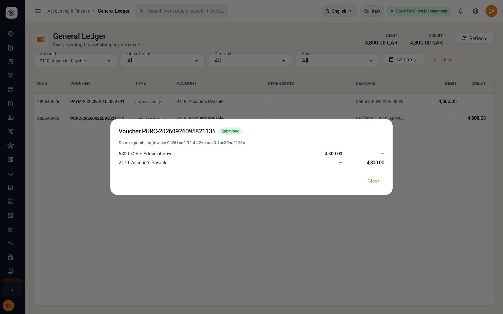 The purchase invoice voucher: Dr 6800 Other Administrative, Cr 2110 Accounts Payable