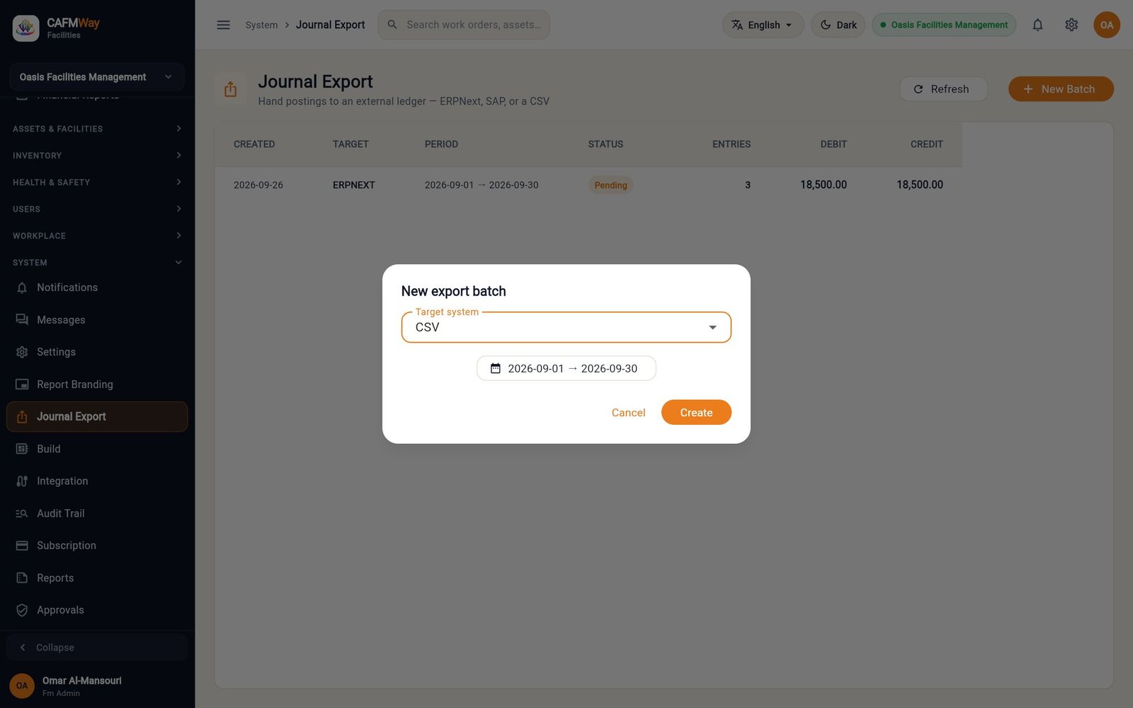 The New export batch dialog with CSV as the target