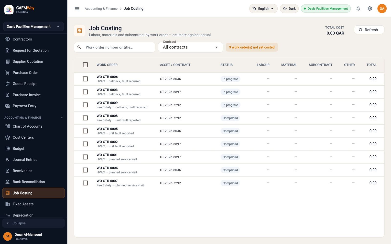 Job Costing listing nine work orders not yet costed