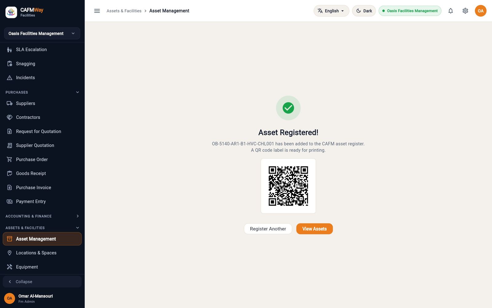 The asset is registered, with its QR label