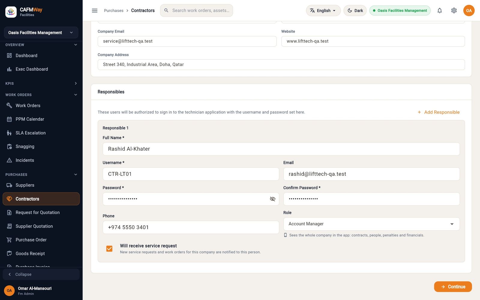 The first responsible person, who will sign in to the Technician app