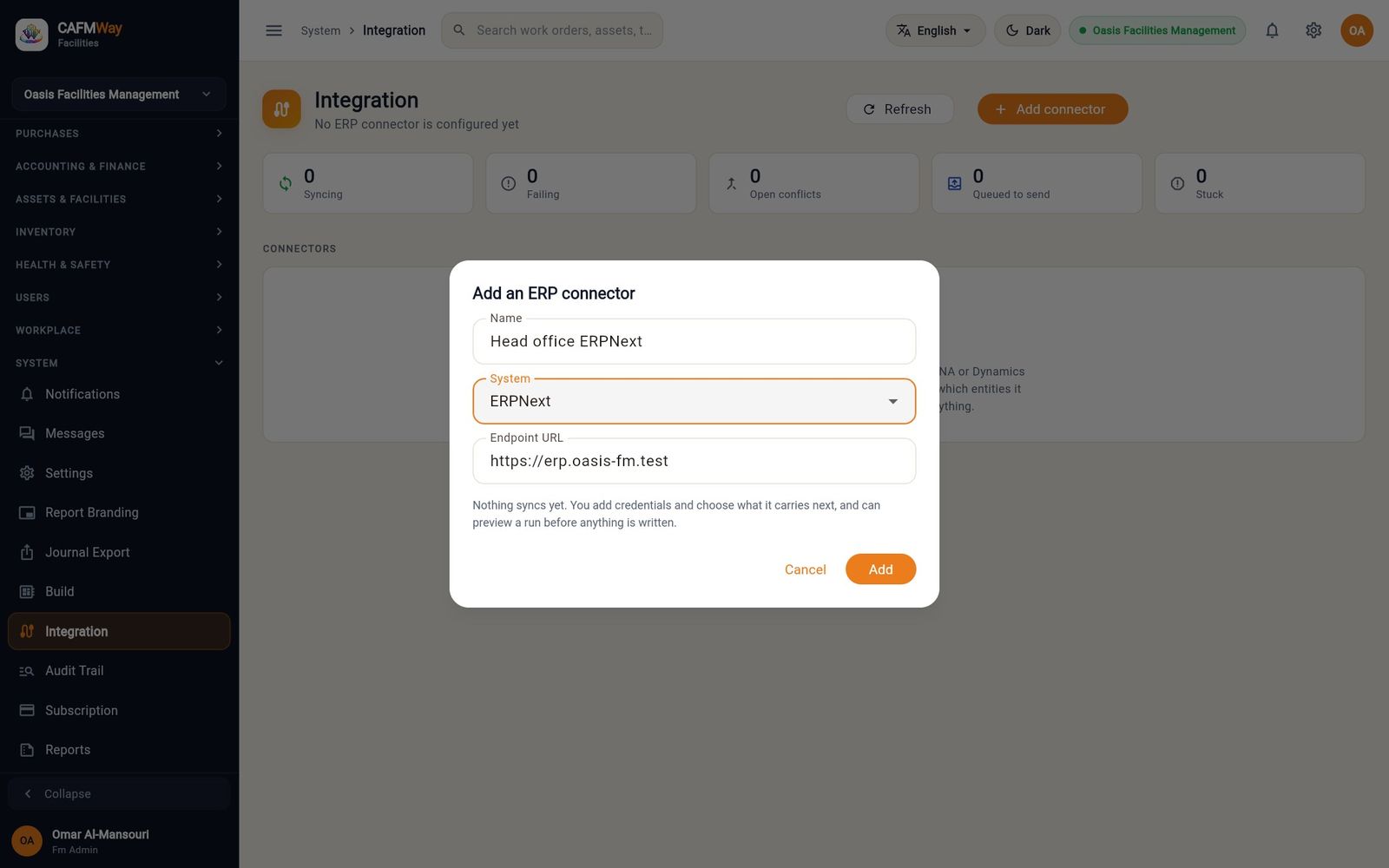 The Add an ERP connector dialog filled in for an ERPNext site.