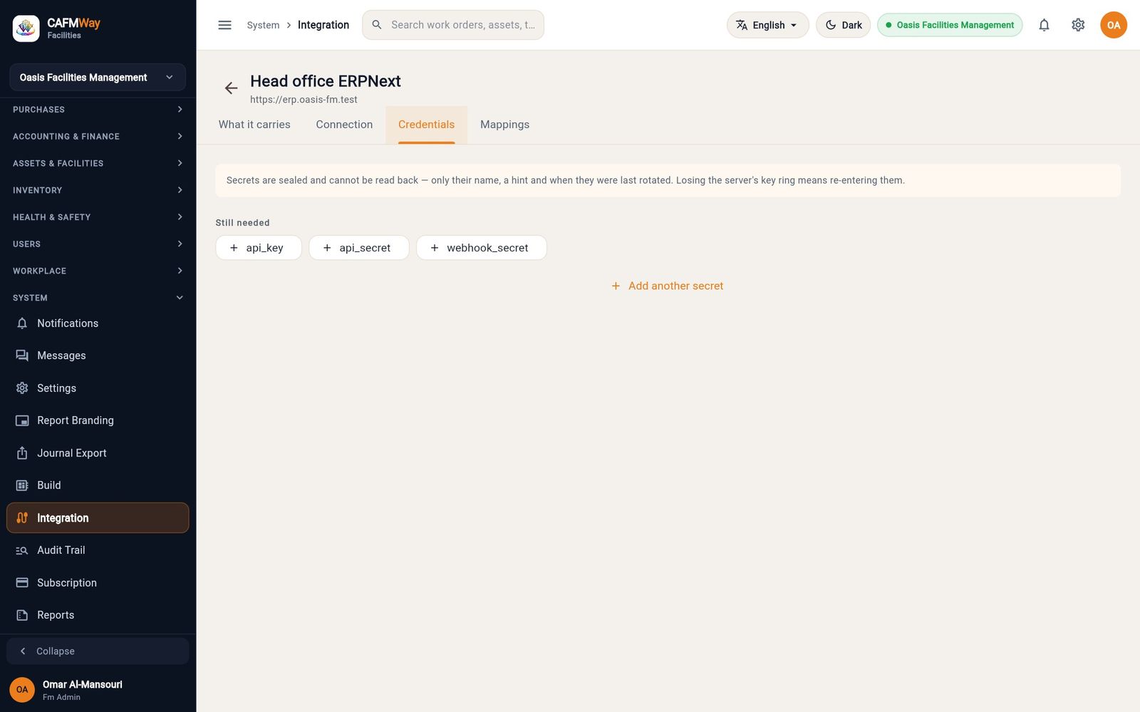 The Credentials tab of a new ERPNext connector listing the three secrets still needed.