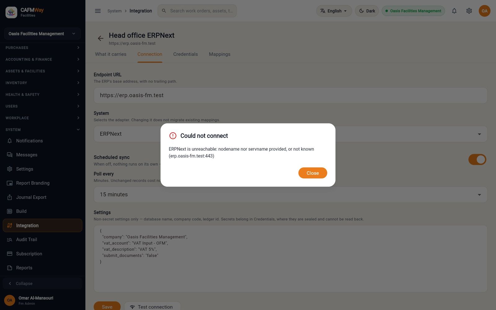 A failed test: the ERP host could not be found, so the dialog shows Could not connect with the reason.