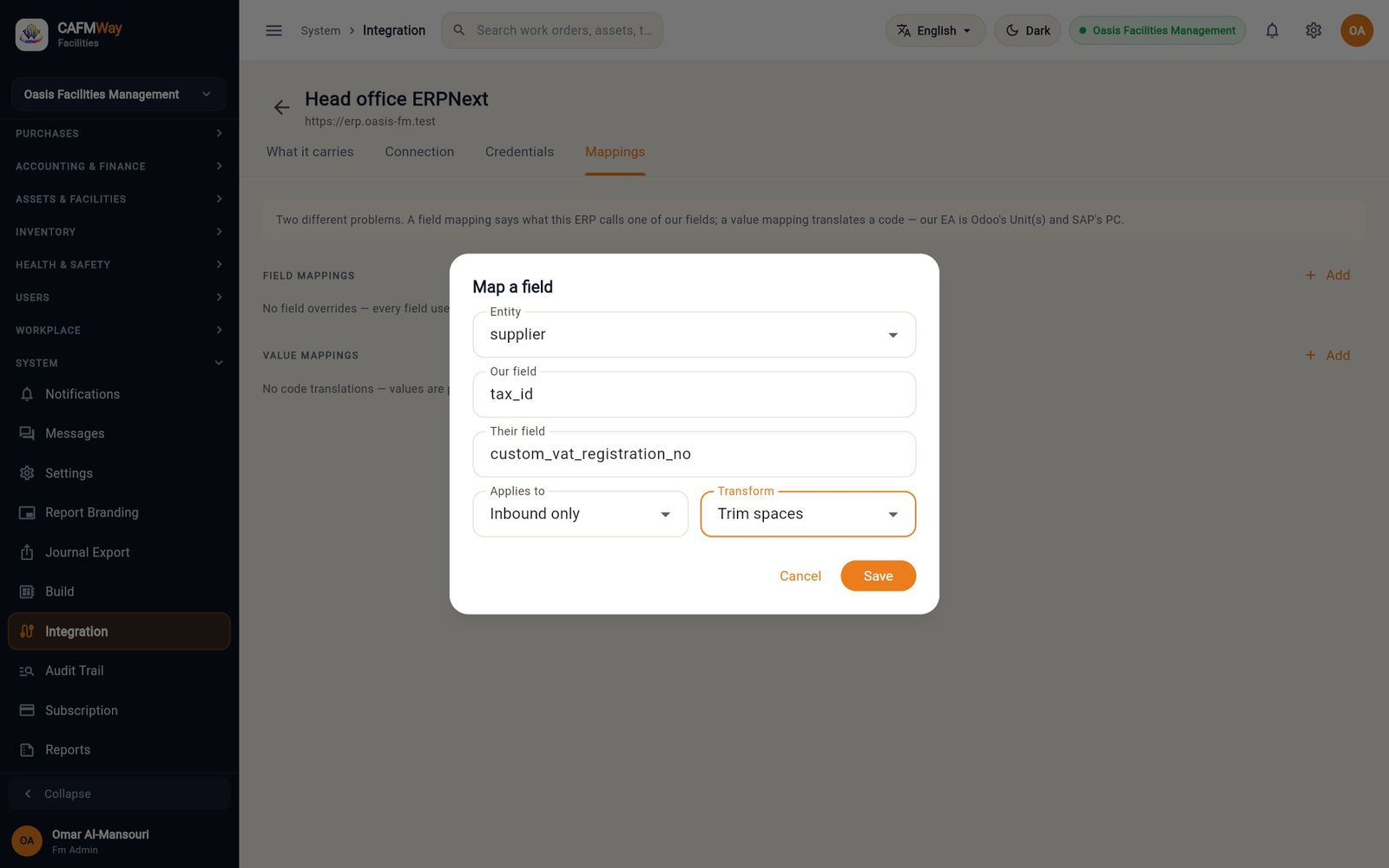 The Map a field dialog linking the supplier VAT number to a custom ERPNext field, inbound only, with spaces trimmed.