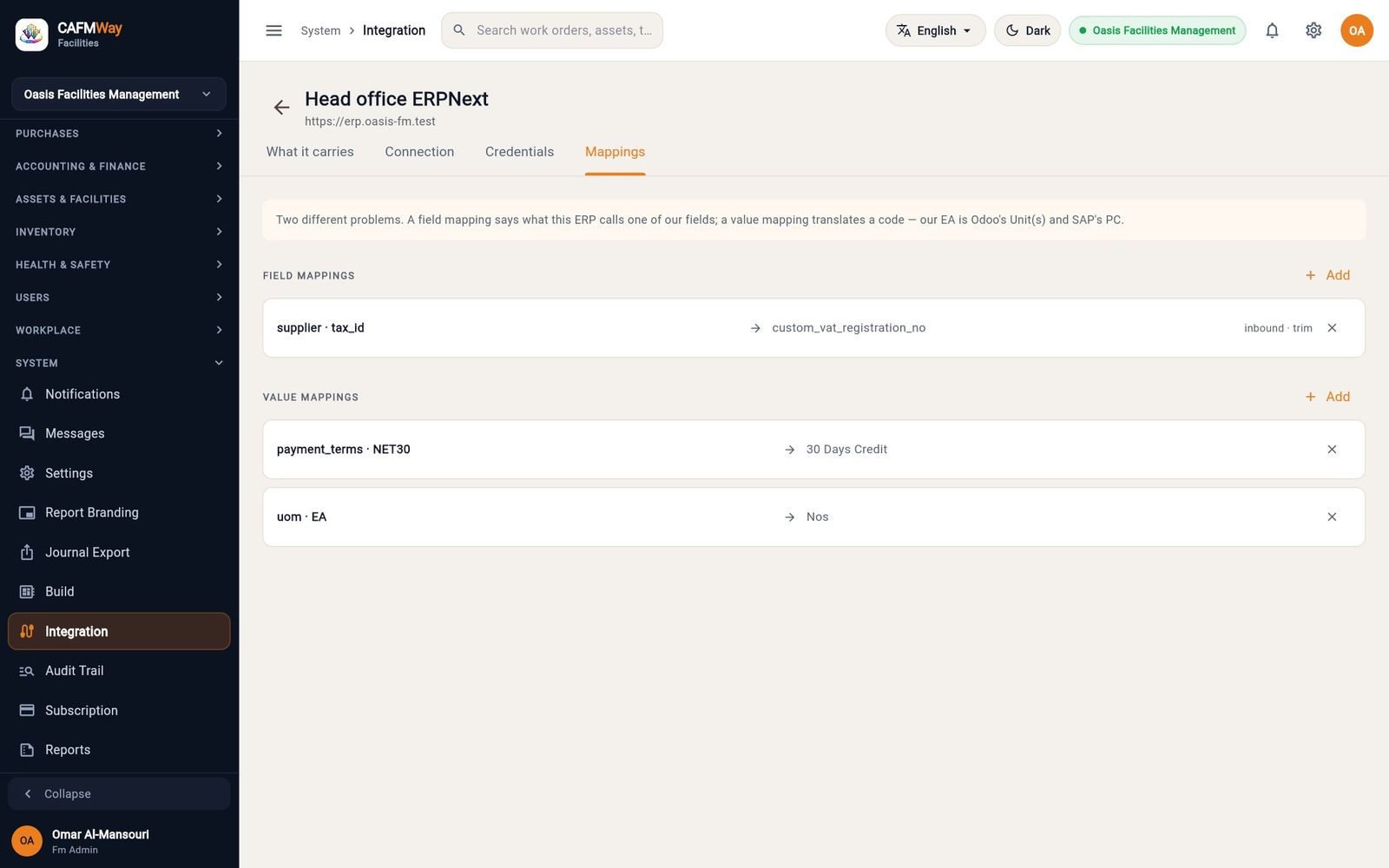 The Mappings tab with one field mapping and two value mappings.