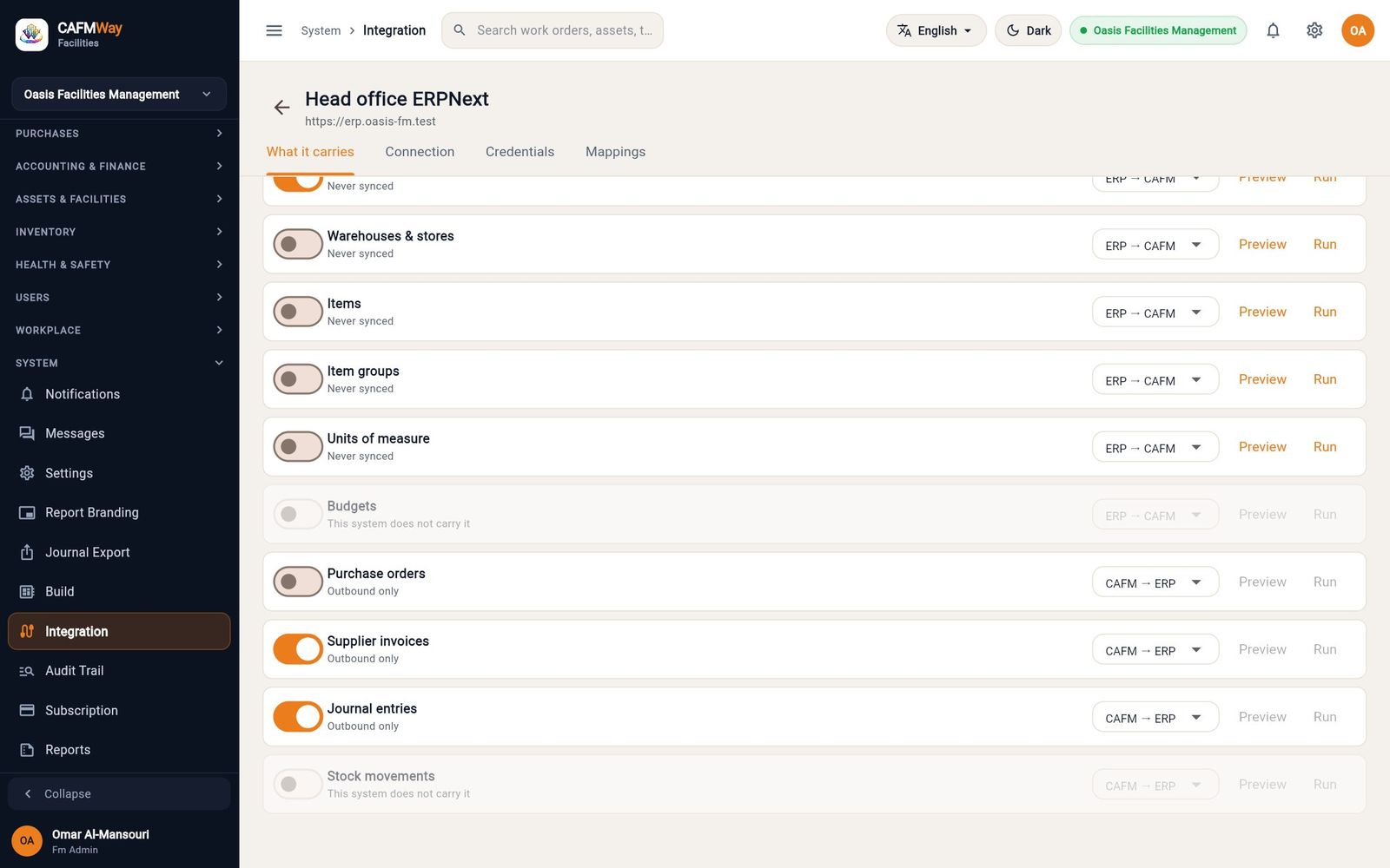 Document rows of the same connector: supplier invoices and journal entries switched on, CAFM to ERP.