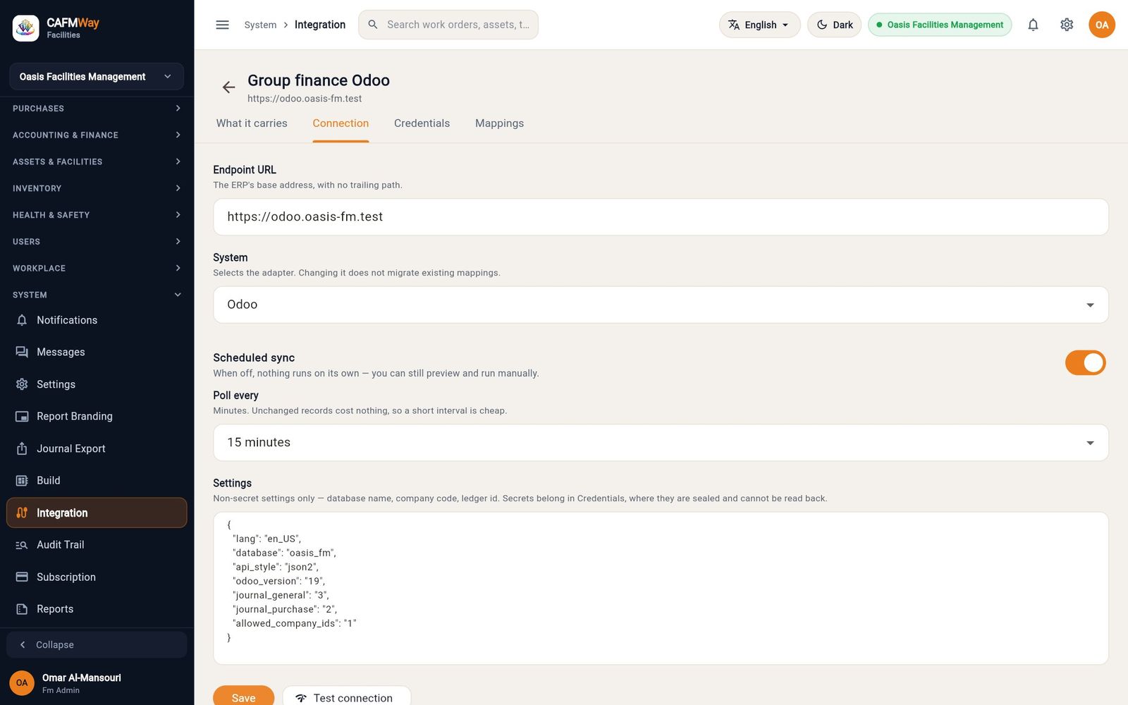 The Connection tab of an Odoo connector with the database, API style and journal settings.