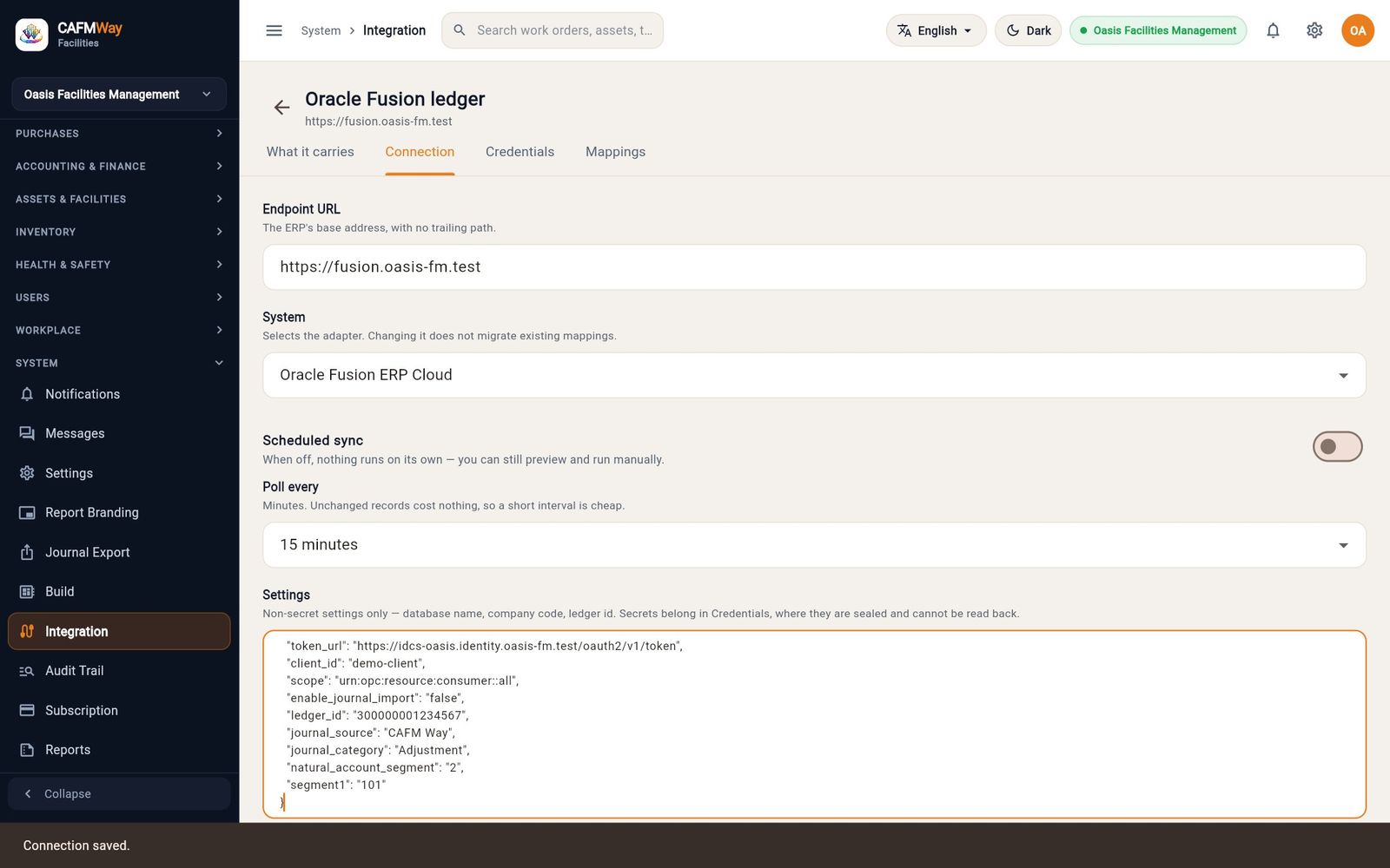 The Connection tab of an Oracle Fusion connector with OAuth and journal import settings.