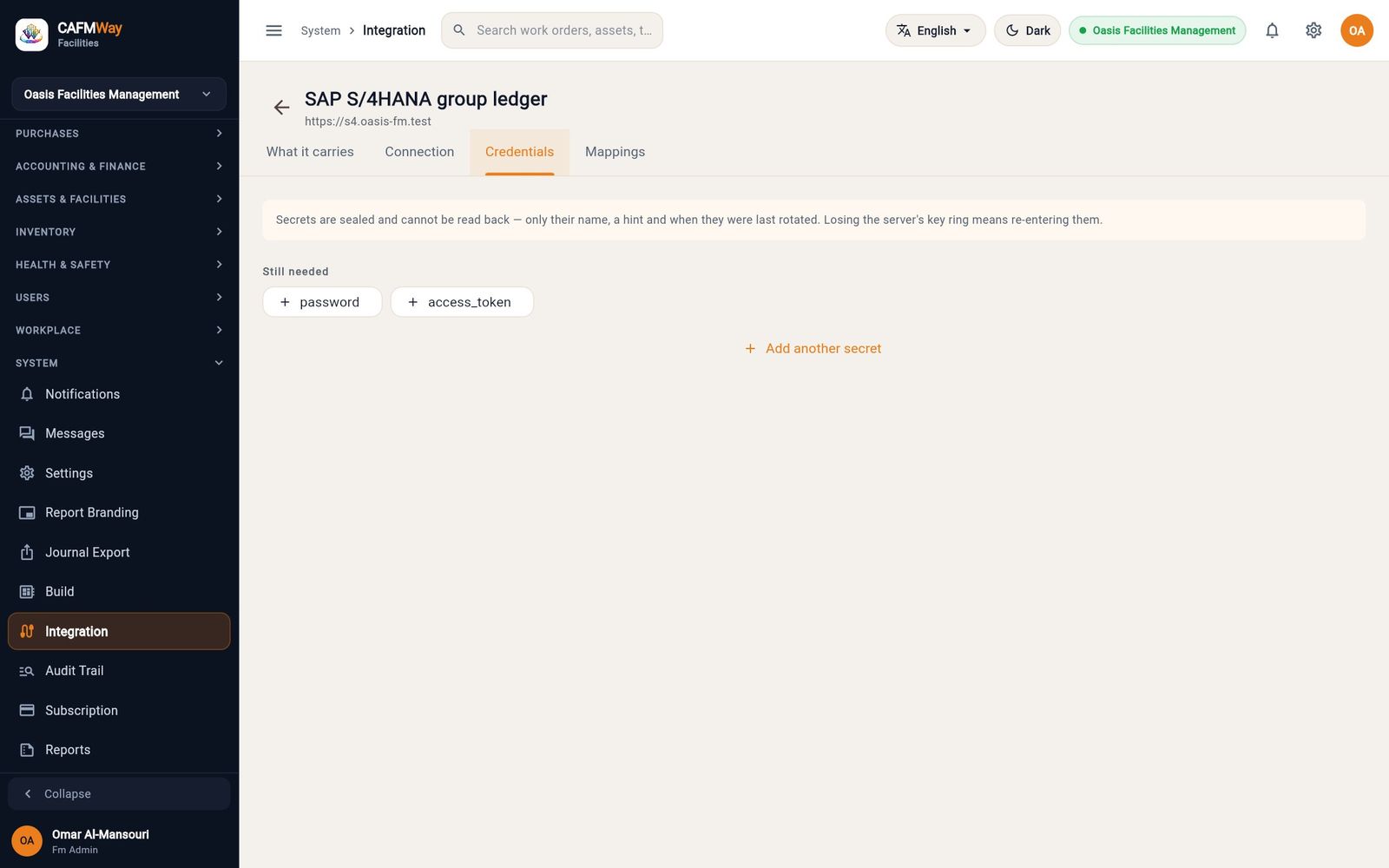 The Credentials tab of an SAP connector: the password is stored and the access token is still offered.