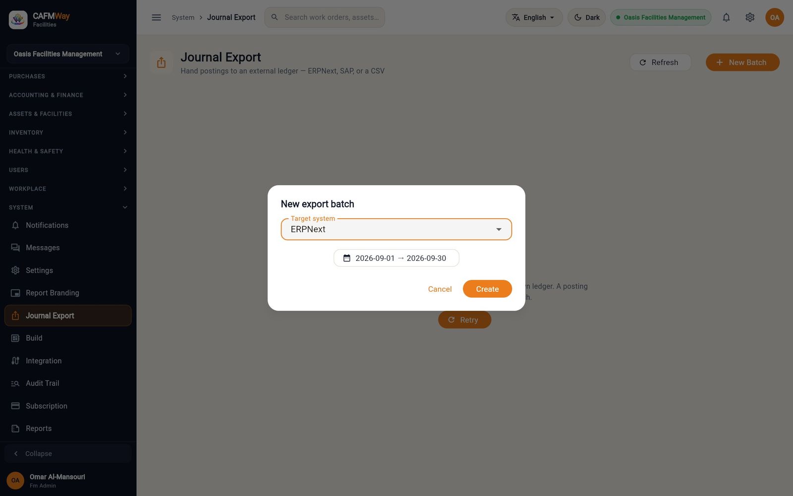 The New export batch dialog for September 2026 with ERPNext as the target.