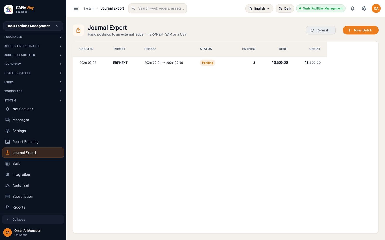 The Journal Export list with a pending September batch of three entries totalling 18,500.00.