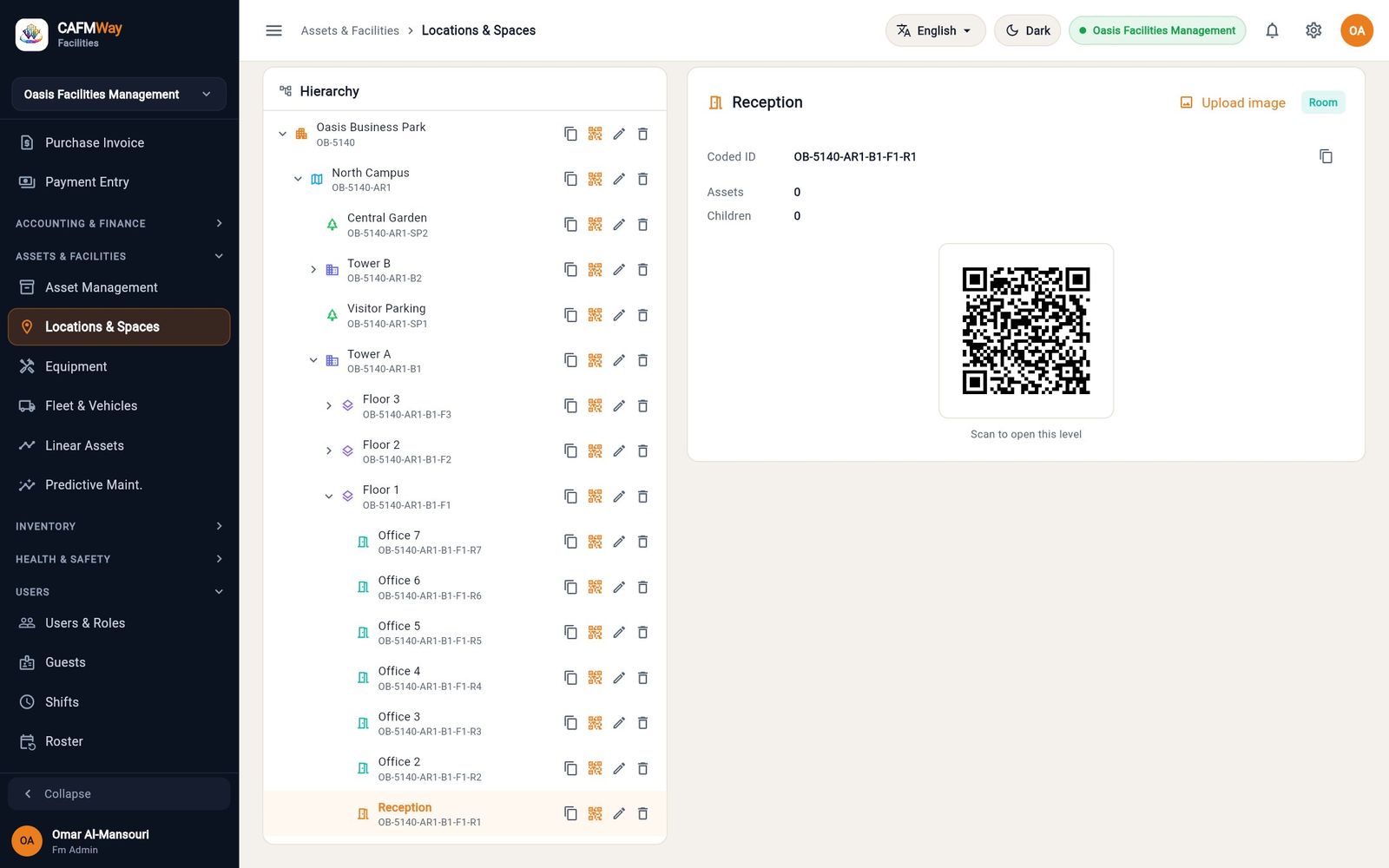 The tree and the selected room's coded ID and QR code