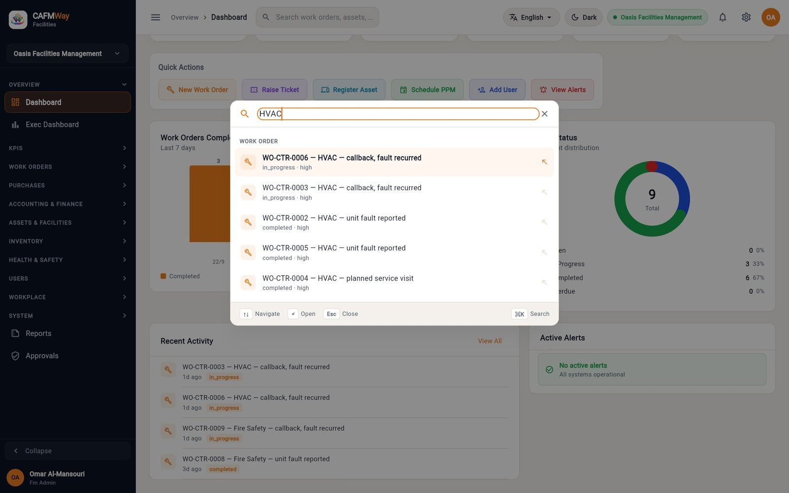 Global search listing the HVAC work orders that match the typed text.