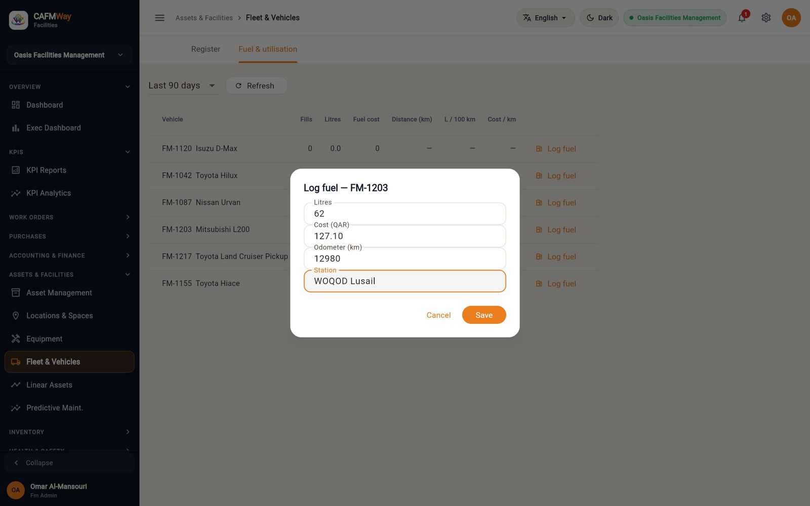 The Log fuel dialog for FM-1203 with litres, cost, odometer and station.