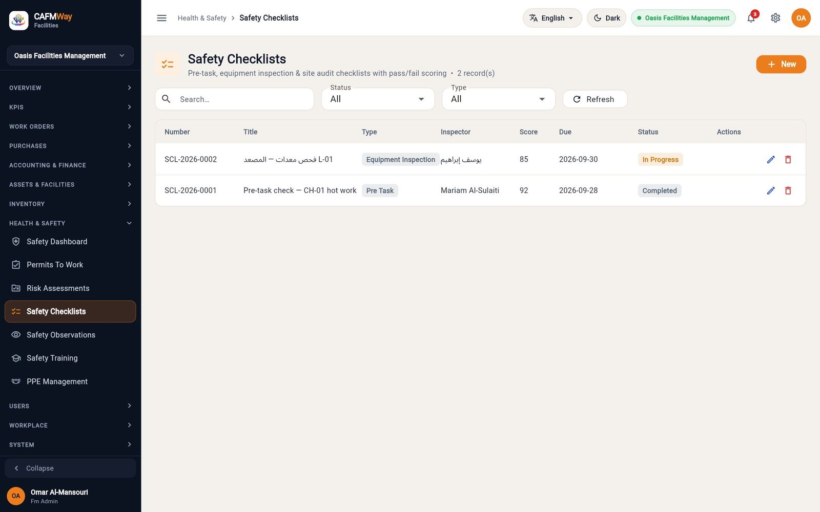 The checklist register with the pre-task check and a lift inspection still in progress.