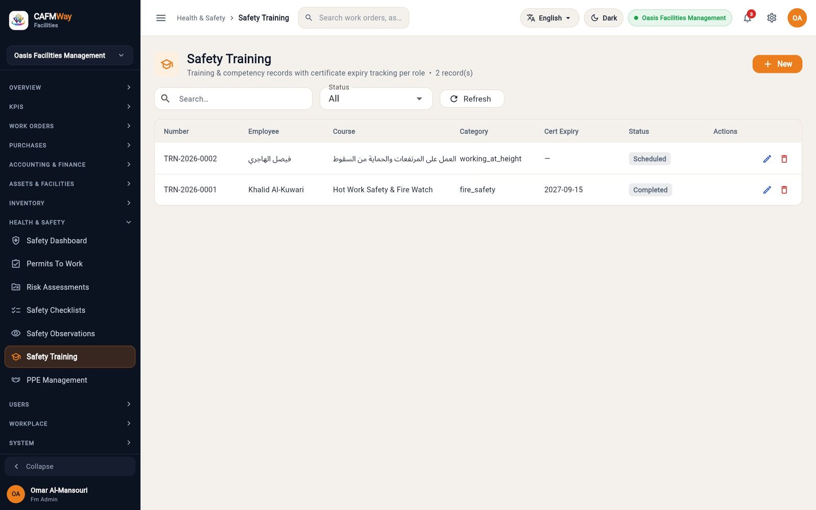 The training register with one completed course and one scheduled.
