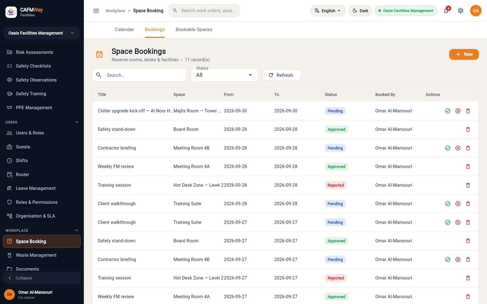The bookings list with the new booking pending approval.