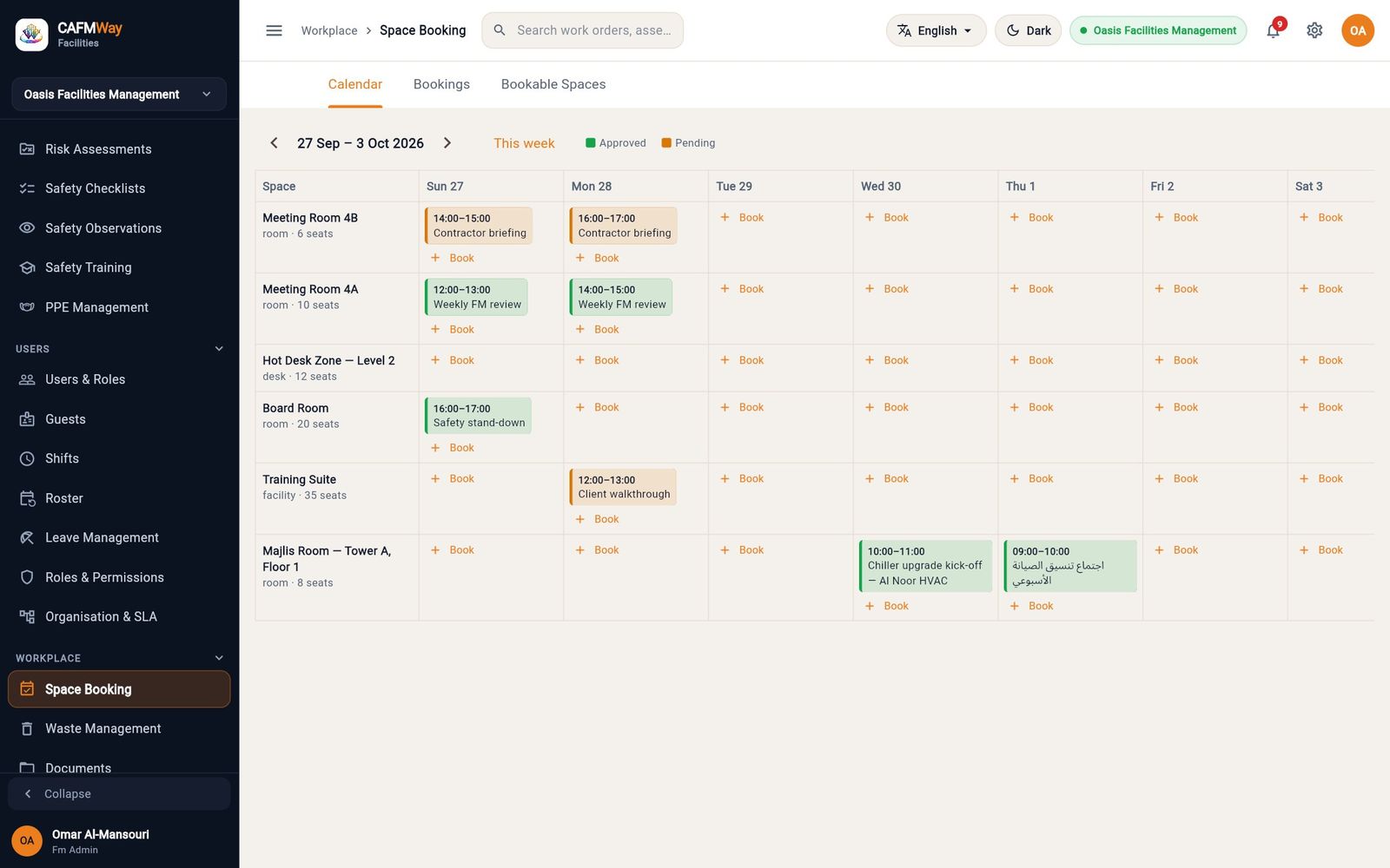 The week calendar with the approved bookings in the Majlis Room.