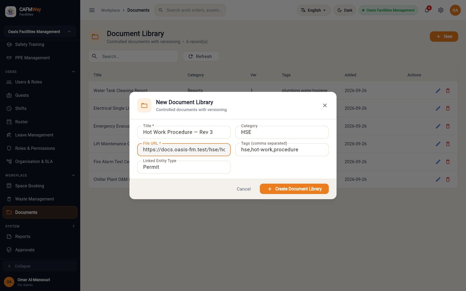Registering the hot-work procedure, revision 3, in the document library.