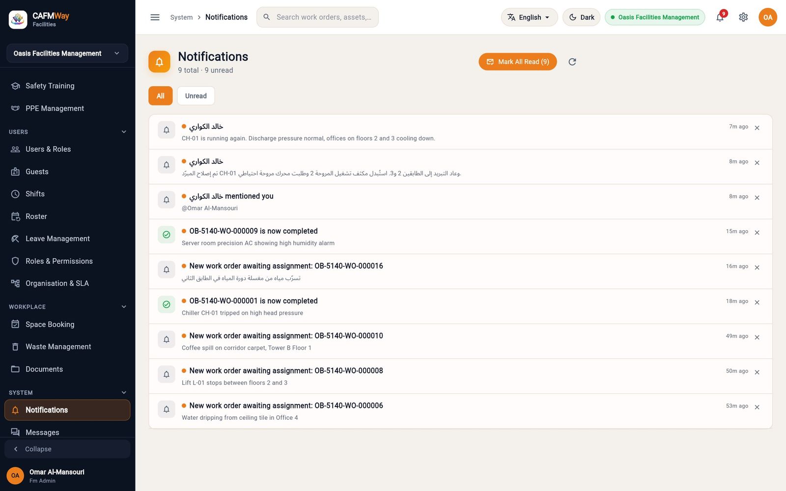 The Notifications page with unread work order and message notifications.