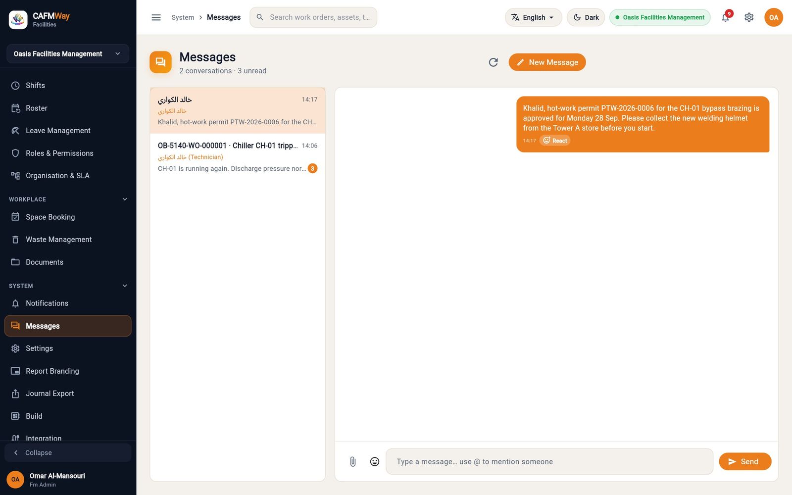 The conversation with the permit reminder sent to Khalid.
