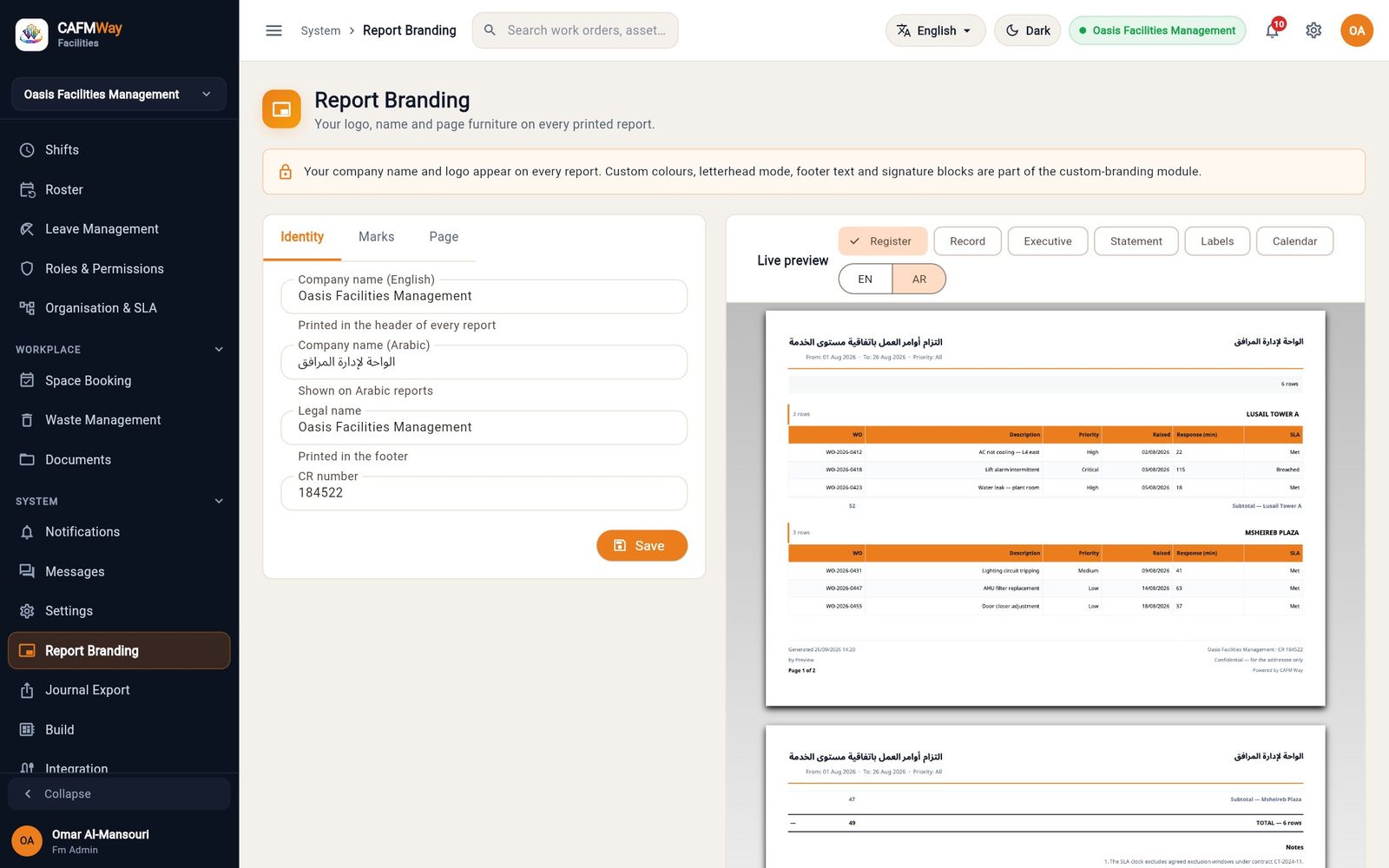The Identity tab with the company's English and Arabic names and the Arabic preview.