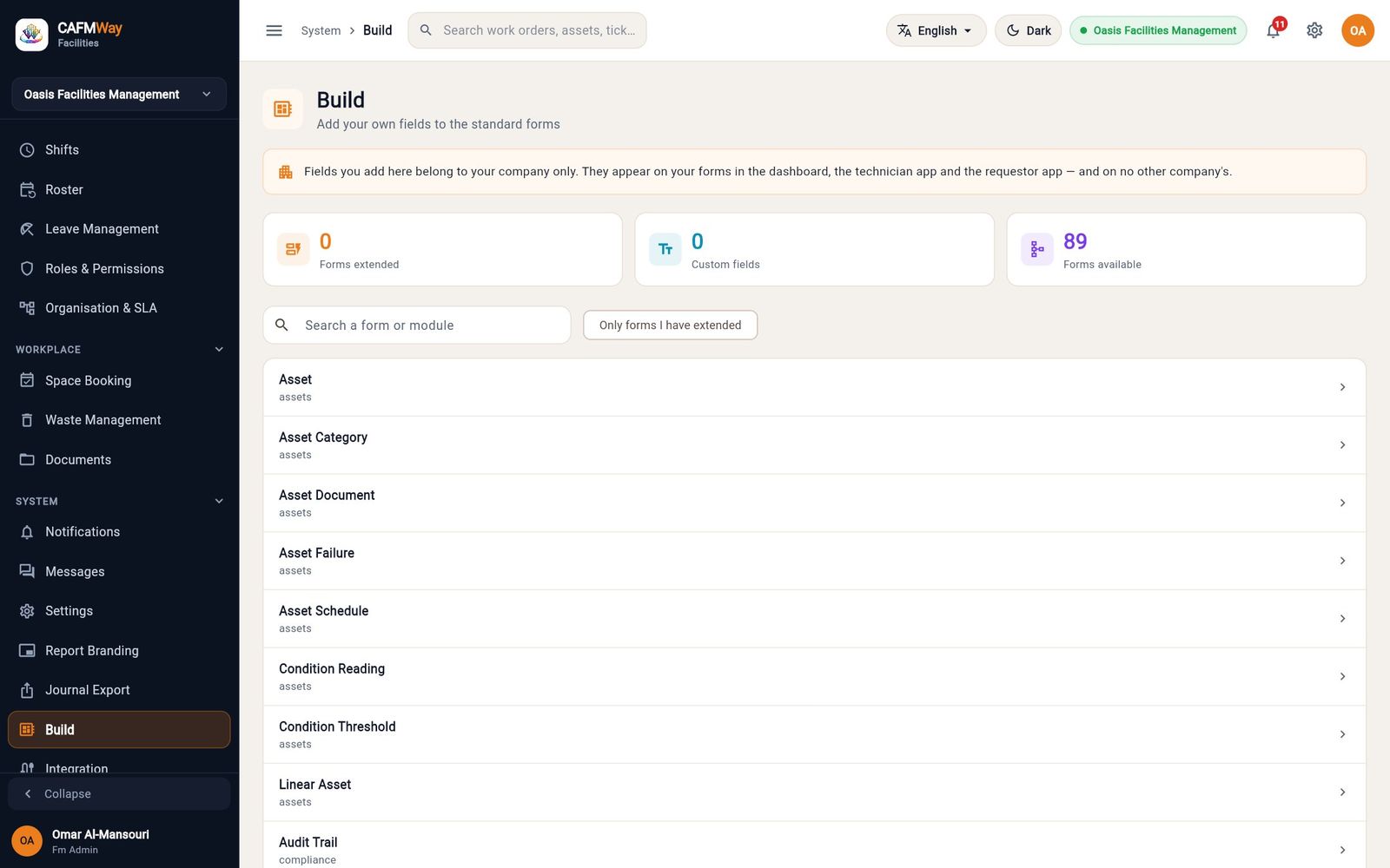 The Build screen listing the forms that can take custom fields.