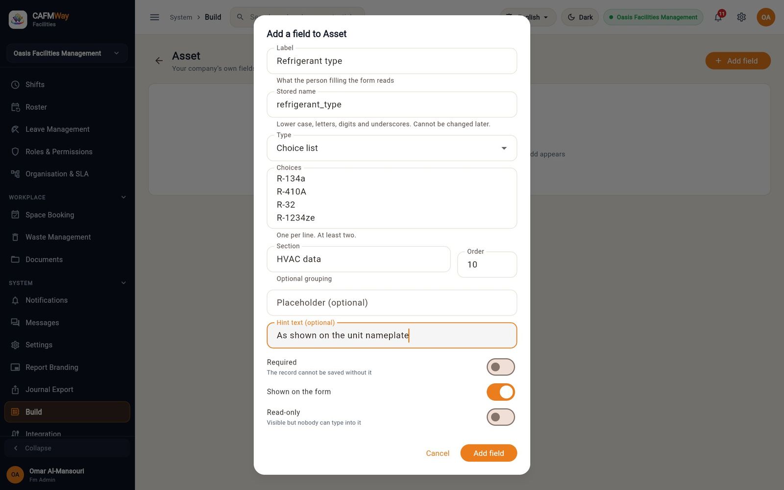 Adding a Refrigerant type choice list to the Asset form.