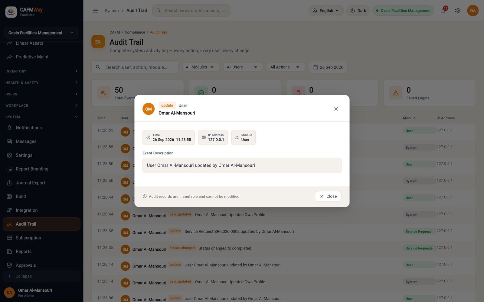 One audit event opened, showing the time, IP address, module and description.