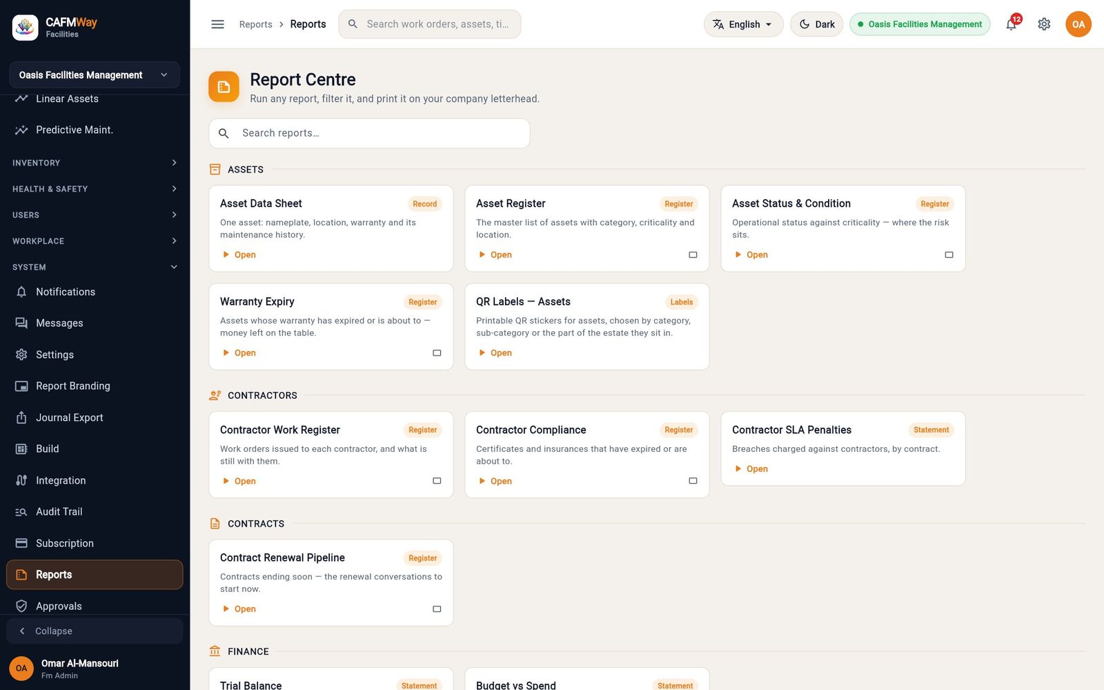 The Report Centre with the asset, contractor and contract reports.